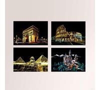 Set creativo di 4 pezzi per pittura antigraffio per bambini con vista notturna della città e disegni di edifici per promuovere lo sviluppo artistico (edificio antico)