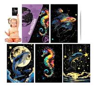 Set creativo Scratch Paper - 4 modelli artigianali glitterati in formato A4, immagini da grattare fatte a mano per bambini, set da disegno, motivi con animali e paesaggi, materiale artigianal