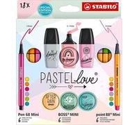 Set Creativo - STABILO Pastellove Set - Pack da 18 - 6 Fineliner Mini, 6 pennarelli premium Mini, 6 evidenziatori Mini