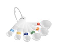 Set Cucchiai Dosatori 6 Pezzi - Anello Ø 7 cm, lunghezza 11 cm, misure 1,25/1,65/2,5/5 / 7,5/15 ml, polistirene bianco con codice colore