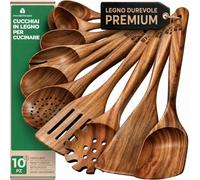Set Cucchiai Legno Cucina 10 Pezzi, Spatola e Utensili Antigraffio | In teak robusto e leggero, fatti a mano; sicuri su pentole e padelle antiaderenti, ideali anche come idea regalo