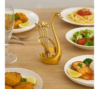 Set cucchiaio da dessert in acciaio inox dorato e 10 forchette da frutta con tazza per raccogliere la frutta, elegante supporto a forma di cigno, manici unici per rami d'albero, ideale per dolci e