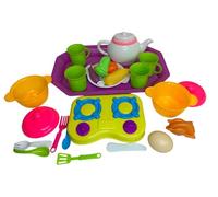 Set Cucina Giocattolo: Pentole, Padelle, Posate, Accessori, Fornello, Vassoio Chef, Pizza, Torta, Piattini, Cucchiaini, Tazzine per Bambini
