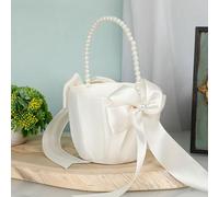 Set Cuscino Portafedi e Cesto per Ragazza di Fiori per Matrimonio - Cuscino per Fedi Nuziali in Raso Bianco 7"x7" con Manico di Perle Cestini per Ragazza di Fiori(Solo cestino)