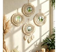 Set da 1 pezzo/3 pezzi di specchi da parete rotondi bohémien fatti a mano con nappe e perline di legno, set di specchi decorativi intrecciati con mandala al sorgere del sole bohémien, set di specchi d