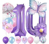 Set da 10 Anni Con Numero di Palloncini in Pellicola - 22 Pezzi, Blu Viola, Decorazione di Compleanno, Farfalla - Per Feste di Bambini e Ragazze