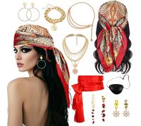Set da 10 Pezzi Costume da Pirata Donna Con Fazzoletto, Cintura in Vita, Bracciali, Maschera per Gli Occhi, Orecchini per Halloween