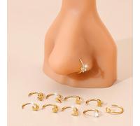 Set da 10 pezzi di anelli per il naso a forma di cuore in vari stili. Piercing per il naso a forma di C in oro placcato 18K con zirconi ipoallergenici, 20G. Include luna, stella, quadrifoglio, fiore,