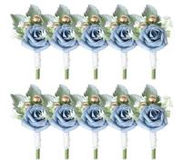 Set da 10 pezzi per bouquet, motivo rose blu con fogliame verde e accenti dorati, include spille e clip per testimoni dello sposo