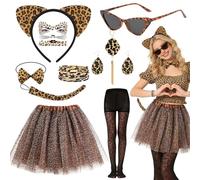 Set da 10 pezzi per costume da leopardo da donna, leopardo e accessori per costume con tutù, calze tutù, fascia per occhiali, bracciale, orecchini, collana, papillon, code, adesivi per il viso per