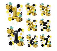 Set da 13 palloncini, 32 pollici numeri 0-9 in oro/nero, palloncini a forma di ape gigante in foil, palloncini a forma di margherita/bianchi (diametro circa 42 cm), palloncini da 12 pollici a pois gia