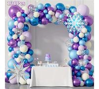 Set da 130 pezzi decorazione ad arco con palloncini tema frozen, palloncini blu, viola, bianchi con decorazioni a fiocco di neve e stelle filanti per decorazioni festa di compleanno a tema frozen, inv