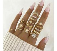 Set da 15 pezzi di anelli alla moda con fiocco dorato, fiore e foglia con perle finte, adatti per l'uso quotidiano delle donne, vacanze al mare, estate, ideali anche come regalo per San Valentino o la