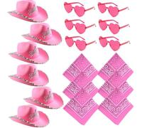 Set da 18 pezzi rosa Cowgirl - Cappelli, occhiali a forma di cuore e bandane abbinate - Accessori per feste di addio al nubilato per festival, concerti ed eventi in maschera