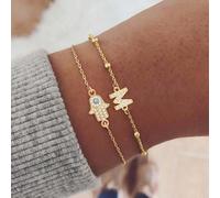 Set da 2 bracciali alla moda in acciaio inossidabile color oro con pendente a forma di mano di a zirconi e catena a grani e a più fili per le donne L,M,S,H,A,T,O,B,C,D,E,F,G,I,J,K,N,P,R,V,W,Y,ZAcciaio