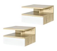 Set da 2 Comodini Sospesi con Cassetto e Ripiano Superiore 35x32x22,5 cm in Legno Bianco e Rovere