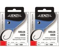 Set da 2 confezioni di ganci per trota JENZI (20 pezzi) mono, extra lunghi Sbirolino 200 cm, misura gancio 4, 6, 8, 10, a scelta + adesivo Petri Heill!