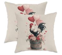 Set da 2 Federe Cuscini Rooster Farmhouse Romantic Hearts Flower Valentine's Day Red Divano Copricuscini Moda con Cerniera Invisibile Copricuscino, per Letto, Interni Ed Esterni, Stanza, 45x45cm