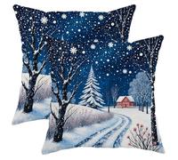 Set da 2 Federe Cuscini Snowflakes Winter Countryside Pine Tree Red House Winter Blue Fodere Cuscini Elegante Morbido Decorativi Federa, per Stanza, Sedia, Auto, 45x45cm