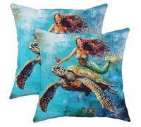 Set da 2 Federe Cuscino Funny Mermaids,Comfy Fun Underwater Sea Turtle Sealife con Cerniera Nascosta Federe Cuscini Traspirante Copri Cuscini per Divano Salotto Camera 45X45Cm