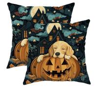 Set da 2 Federe Guanciale Halloween Golden Retriever Dog Comfy Haunted Houses Morbida Federa per Cuscino con Cerniera Nascosta Fodera per Cuscino per Letto Cucina Interni 45X45Cm