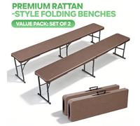 Set da 2 Panche Pieghevoli, Panchina da Giardino Resistente agli Agenti Atmosferici in HDPE con Effetto Intrecciato, Panchina Pieghevole, Carico Massimo 400kg, per Balcone, Terrazzo e Campeggio, 180x2