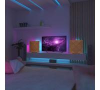 Set da 2 pannelli acustici con lampada da tavolo e retroilluminazione LED RGB | 50x50 cm | Pannelli fonoassorbenti mobili su supporto da tavolo per studio e sala giochi | [WILDS | Ciliegio]