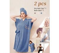 Set da 2 pezzi/1 pezzo Asciugamano da bagno e cuffia per asciugare i capelli da donna, accappatoio da SPA con cintura in vita, accappatoio avvolgente in pile corallo con ricamo a cartoni animati e man