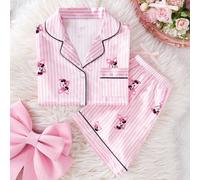 Set da 2 pezzi a tema Minnie Mouse a righe per ragazze pre-adolescenti, top a maniche corte e pantaloncini con vita elastica, pigiama casual coordinato in tessuto soffice e traspirante simile alla set