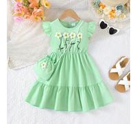 Set da 2 pezzi: Abito casual per ragazza con motivo floreale ricamato e maniche corte a cappuccio + borsetta, adatto per bambine 1-6 anni, in stile estivo 6Y,4Y,5Y,18-24M,2-3YFloreale,PiantePoliestere