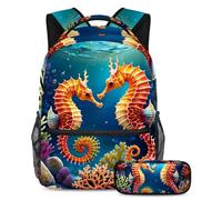 Set da 2 pezzi alla moda, zaino con astuccio per ragazzi, ragazze e adolescenti, borsa da viaggio ideale per studenti, cavalluccio marino carino, Multicolore, B：29.4x20x40cm P：19x7.5x3.8cm, Zaini
