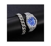 (Set da 2 pezzi argento blu) Orologio da 2 pezzi + bracciale Hip Hop in acciaio inossidabile color oro