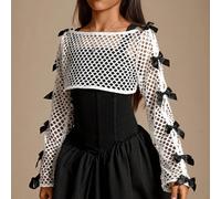 Set da 2 pezzi, Blusa bianca a maniche lunghe con decorazione ad arco in maglia traforata e gonna nera a peplo con inserti tricot, stile casual e dolce, abbigliamento di moda per ragazza giovane 8Y,9Y