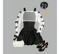 Set da 2 pezzi, Blusa bianca a maniche lunghe con decorazione ad arco in maglia traforata e gonna nera a peplo con inserti tricot, stile casual e dolce, abbigliamento di moda per ragazza giovane 8Y,9Y