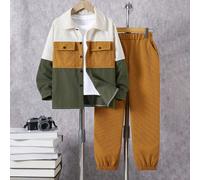 Set da 2 pezzi Camicia a maniche lunghe casual in stile workwear con patchwork e pantaloni di velluto a coste con cordoncino per ragazzi, adatto per primavera e autunno 8Y,9Y,10Y,11Y,12YBlocchi di col