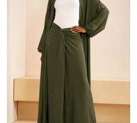 Set da 2 pezzi casual da donna per festival musicali e lauree, stile college versatile adatto per vacanze e spiaggia: Cardigan in lino con tintura a batik effetto acquerello marrone + Gonna lunga a vi