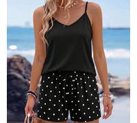 Set da 2 pezzi casual tropicale minimalista con canotta a scollo a V nera e pantaloncini stampati a pois neri per donna, per spiaggia, vacanza e estate L,M,S,XL,XSBlocchi di colore,GeometricoTessuto