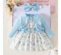 Set da 2 pezzi composto da abito con stampa floreale arricciato blu e fascia coordinata per neonata, elegante, dolce e carino, adatto per attività all'aperto quotidiane e tempo libero in autunno 6-9M,