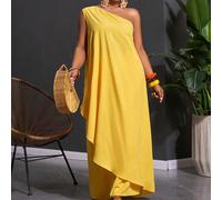 Set da 2 pezzi composto da blusa asimmetrica gialla maxi e pantaloni a gamba ampia, adatto per donne taglie forti, per festival musicali, Pasqua, stile western, nomade, feste di compleanno, laurea, un