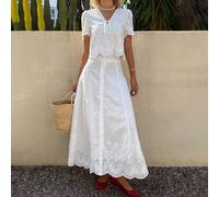 Set da 2 pezzi composto da camicia corta con maniche a sbuffo e scollo a V e minigonna, elegante, con lacci e dettagli traforati, adatto per la primavera/estate L,M,S,XLPianteRicamo