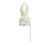 Set da 2 pezzi composto da canotta con scollo profondo a drappeggio e gonna a vita bassa con stampa floreale, spacco alto e orlo a coda di pesce, ideale per le vacanze estive L,M,S,XL,XSPianteTessuto 