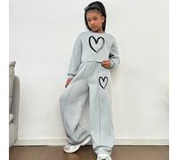 Set da 2 pezzi composto da felpa oversize con stampa di cuori disegnati a mano e pantaloni della tuta plissettati, adatto per ragazze pre-adolescenti, per casa, esterno, scuola, colore grigio 8Y,9Y,10