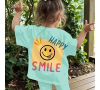 Set da 2 pezzi composto da maglietta a maniche corte con scollo tondo e stampa viso carina, e pantaloncini aderenti, colore crema, adatto per bambina, stile casual minimalista, ideale per primavera/es