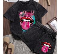 Set da 2 pezzi composto da t-shirt a maniche corte con collo rotondo e pantaloncini, in stile graffiti "Lip Letter", in cotone, comodo e retrò, stile streetwear coreano casual da pendolare in stile Y2