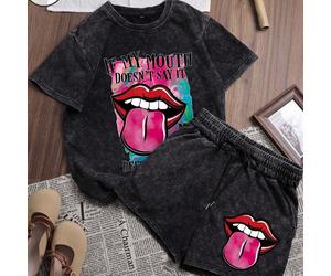 Set da 2 pezzi composto da t-shirt a maniche corte con collo rotondo e pantaloncini, in stile graffiti "Lip Letter", in cotone, comodo e retrò, stile streetwear coreano casual da pendolare in stile Y2
