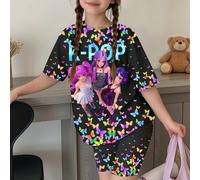 Set da 2 pezzi composto da t-shirt a maniche corte e pantaloncini con stampa di farfalle sfumate e personaggi dei cartoni animati, stile casual K-POP per ragazze, adatto per l'estate 7Y,8Y,9Y,10Y,11Y,