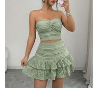 Set da 2 pezzi composto da top a fascia con dettaglio a nodo e texture verde chiaro, e minigonna con volant a più strati, adatto a giovani, look dolce e casual, perfetto per vacanze, spiaggia, uso quo