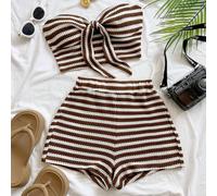 Set da 2 pezzi composto da top a fascia in tessuto intrecciato a righe bianche e nere con lacci e pantaloncini vita alta, adatto per appuntamenti, tè pomeridiano, spiaggia, crociere, vacanze in città,