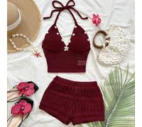 Set da 2 pezzi composto da top a maglia con decorazione a conchiglia e scollo alla halter, e pantaloncini, per l'estate L,M,S,XL,XSColore unicoMaglieria
