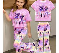 Set da 2 pezzi composto da top a maniche corte con collo rotondo e pantaloni a zampa, con motivo a cartone animato di ragazza, gradiente colorato di dopamina, superstelle K-pop, "Chill Chill", adatto 